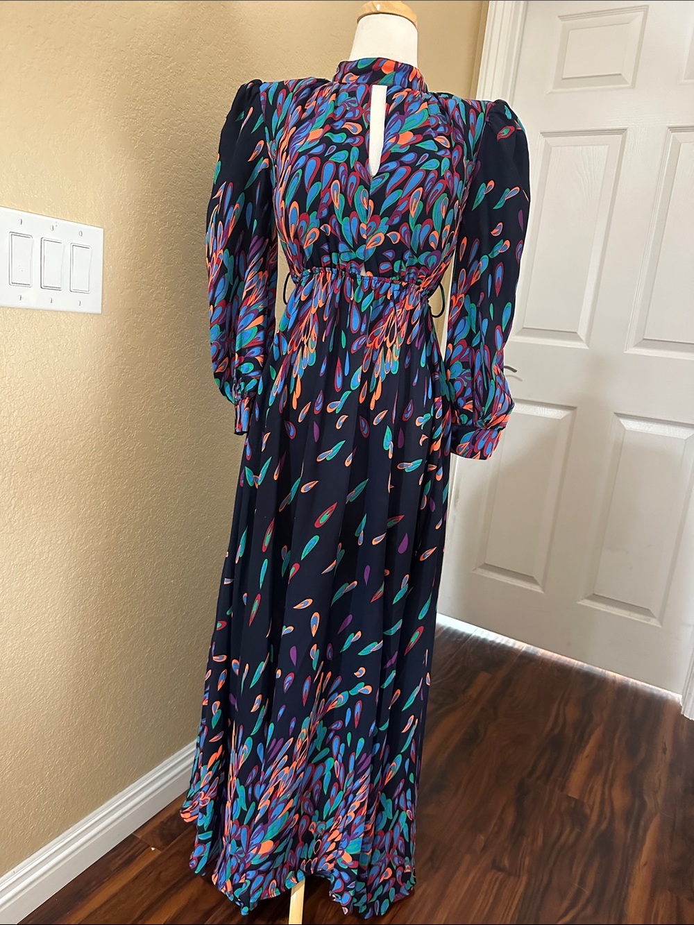 Fashion Nova Long Sleeve Navy Maxi Dress with Multicolor Teardrop Print size S